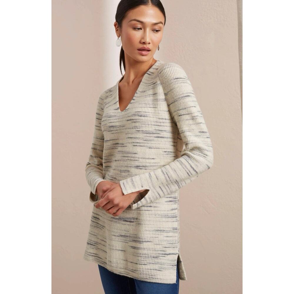 J. Jill Pure Jill Marled Rib-Textured V-Neck Sweater Tunic M Gray Eggshell Cozy